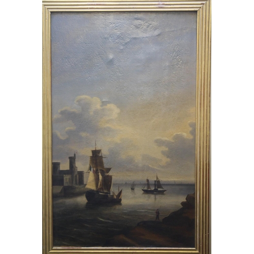 57 - (XIX). A French estuary harbour scene with mirror panel below, unsigned, gilt frame, image dimension... 