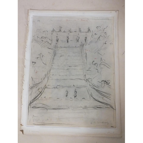 59 - AFTER LAWRENCE STEPHEN LOWRY PARKLAND SCENE WITH FIGURES BY STEPS - BEARS SIGNATURES, PENCIL ON PAPE... 