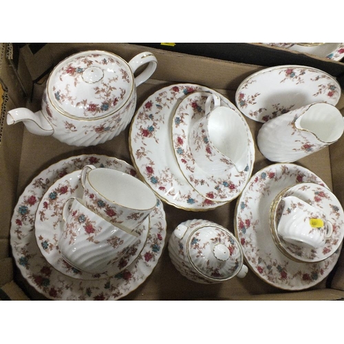 60 - THREE TRAYS OF MINTON ANCESTRAL CHINA, TO INCLUDE A TEAPOT, MEAT PLATES ETC.