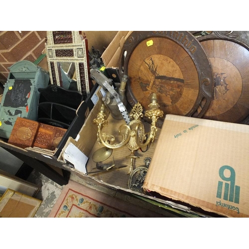 64 - TWO TRAYS OF TREEN AND METAL COLLECTABLES TO INCLUDE INLAID GERMAN TRAYS, BLOW LAMP, POST BOX ETC.