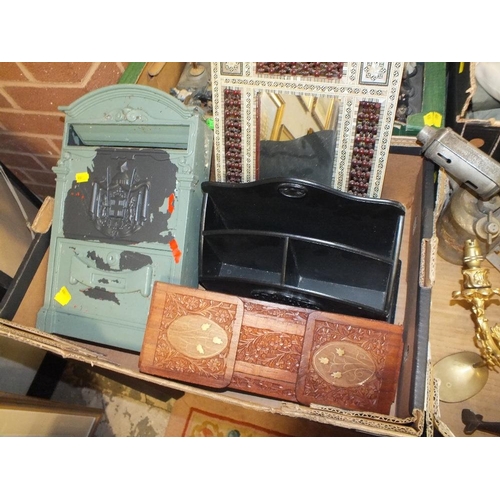 64 - TWO TRAYS OF TREEN AND METAL COLLECTABLES TO INCLUDE INLAID GERMAN TRAYS, BLOW LAMP, POST BOX ETC.