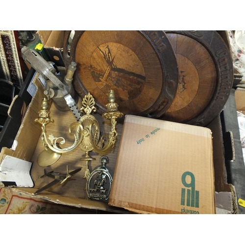 64 - TWO TRAYS OF TREEN AND METAL COLLECTABLES TO INCLUDE INLAID GERMAN TRAYS, BLOW LAMP, POST BOX ETC.