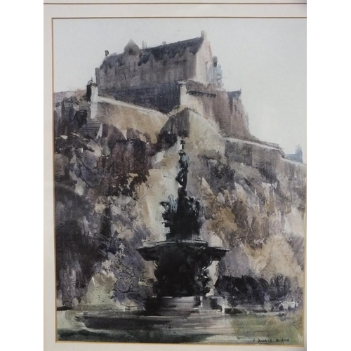 9 - FREDERICK DONALD BLAKE (1908-1997). Study of a fountain before Edinburgh castle, signed lower right,... 