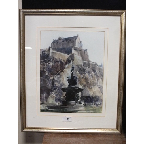 9 - FREDERICK DONALD BLAKE (1908-1997). Study of a fountain before Edinburgh castle, signed lower right,... 