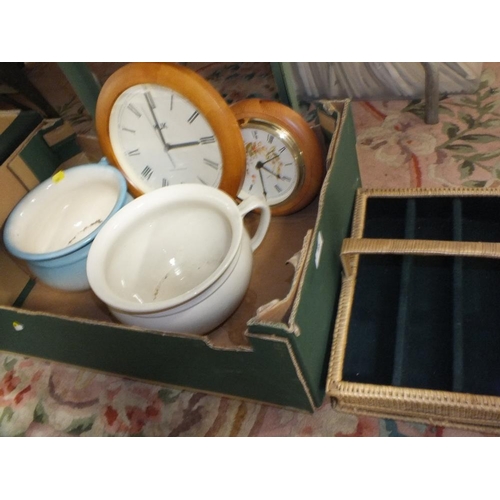 95 - TWO MODERN CIRCULAR WALL CLOCKS TOGETHER WITH TWO BED PANS AND A CUTLERY TRAY