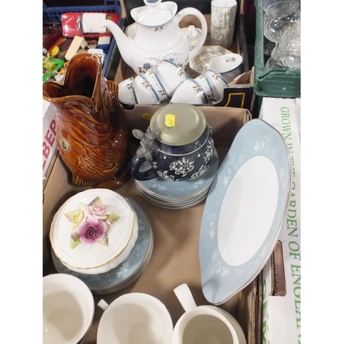 161 - TWO BOXES OF ASSORTED CHINA TO INCLUDE WEDGWOOD, ROYAL DOULTON OLD COLONY, ROYAL DOULTON REFLECTION ... 
