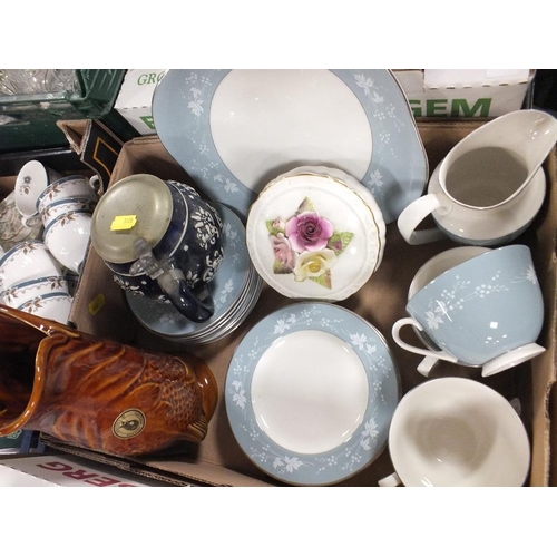 161 - TWO BOXES OF ASSORTED CHINA TO INCLUDE WEDGWOOD, ROYAL DOULTON OLD COLONY, ROYAL DOULTON REFLECTION ... 