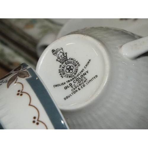 161 - TWO BOXES OF ASSORTED CHINA TO INCLUDE WEDGWOOD, ROYAL DOULTON OLD COLONY, ROYAL DOULTON REFLECTION ... 