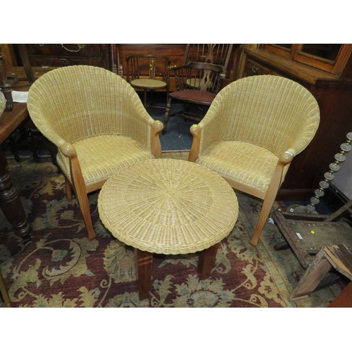 747 - A PAIR OF WICKER ARMCHAIRS AND A STOOL