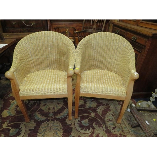 747 - A PAIR OF WICKER ARMCHAIRS AND A STOOL