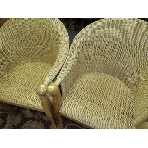 747 - A PAIR OF WICKER ARMCHAIRS AND A STOOL