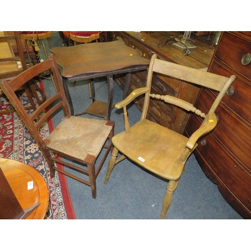 754 - A TRADITIONAL KITCHEN ELM ARMCHAIR, AN OCCASIONAL TABLE AND WICKERSEAT CHAIR (3)