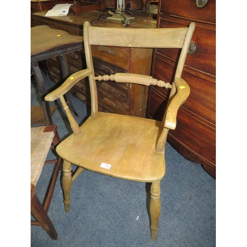 754 - A TRADITIONAL KITCHEN ELM ARMCHAIR, AN OCCASIONAL TABLE AND WICKERSEAT CHAIR (3)