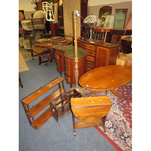 755 - A YEW WOOD COFFEE TABLE, MAGAZINE RECK, STANDARD LAMP, MAHOGANY WALL SHELF ETC (5)