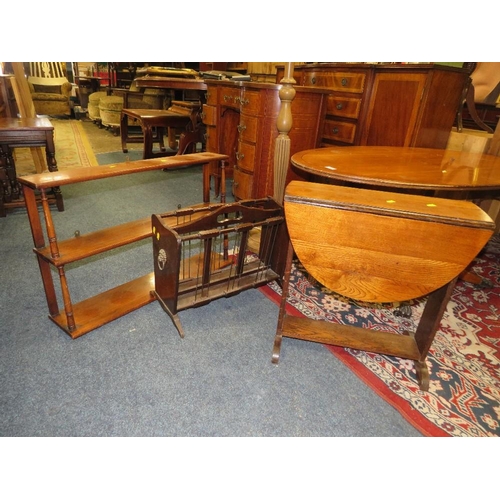 755 - A YEW WOOD COFFEE TABLE, MAGAZINE RECK, STANDARD LAMP, MAHOGANY WALL SHELF ETC (5)