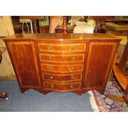756 - A REPRODUCTION MAHOGANY INLAID SHAPED SIDEBOARD W-137 CM