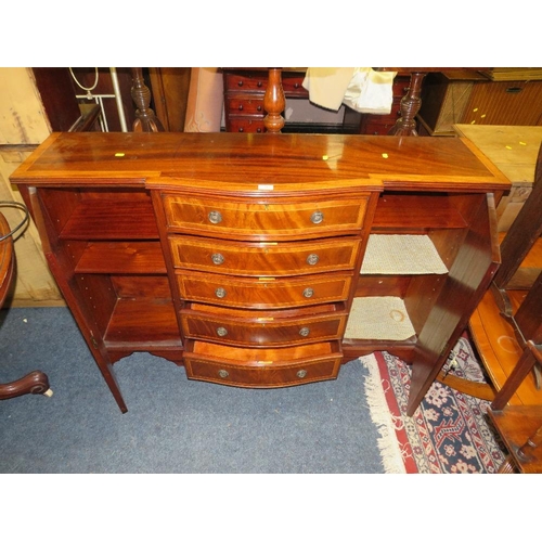 756 - A REPRODUCTION MAHOGANY INLAID SHAPED SIDEBOARD W-137 CM