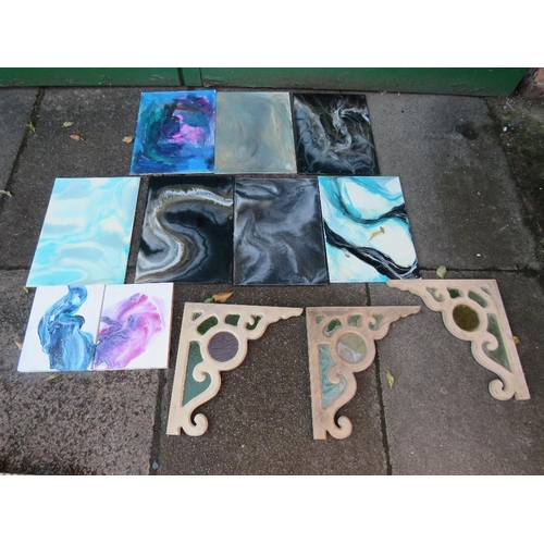 761 - THREE GOTHIC STYLE BRACKETS WITH A QUANTITY OF PAINTED PANELS