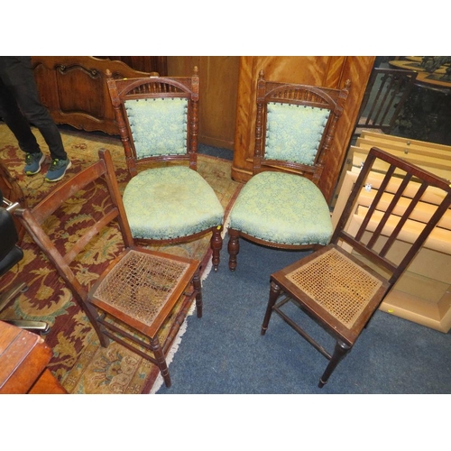 786 - A PAIR OF EDWARDIAN OAK CARVED CHAIRS AND TWO WICKER SEAT CHAIRS (4)