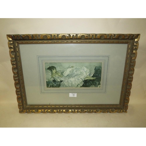 11 - A WILLIAM RUSSELL FLINT PRINT IN A CARVED WOODEN GILT FRAME - H 13 CM BY W 28 CM
