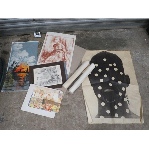 21 - A COLLECTION OF UNFRAMED PICTURES TO INCLUDE WATERCOLOURS, ABSTRACT SCREAM PRINT BY VICTOR KAIFAS ET... 