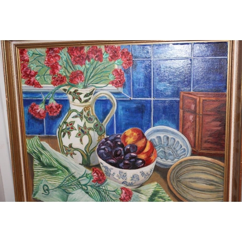 28 - TWO GILT FRAMED OIL ON BOARDS DEPICTING A TABLE TOP STILL LIFE STUDY AND A CONTINENTAL VIEW SCENE BY... 