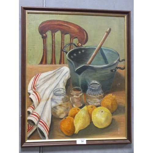 34 - A FRAMED OIL ON BOARD STILL LIFE STUDY OF A TABLE TOP SCENE INDISTINCTLY SIGNED LOWER RIGHT