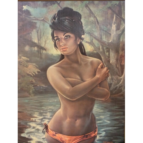 42 - TWO RETRO GILT FRAMED PRINTS BY J H LYNCH AND TRETCHIKOFF TOGETHER WITH AN EMBROIDERED PICTURE OF A ... 