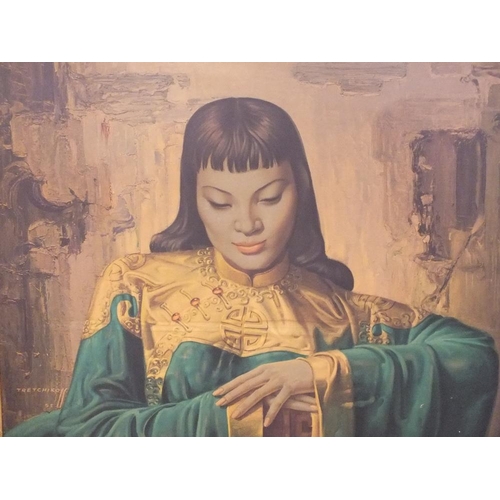42 - TWO RETRO GILT FRAMED PRINTS BY J H LYNCH AND TRETCHIKOFF TOGETHER WITH AN EMBROIDERED PICTURE OF A ... 