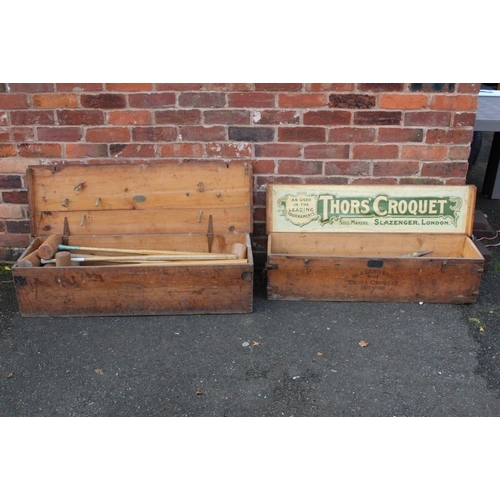 129 - A VINTAGE PINE CASED JACQUES OF LONDON PART CROQUET SET, together with a vintage Slazenger 'Thors Cr... 