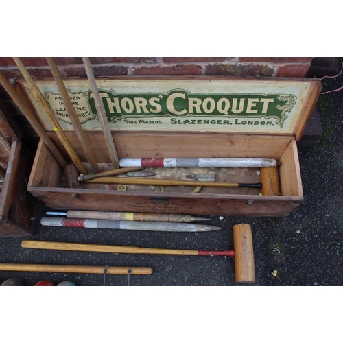 129 - A VINTAGE PINE CASED JACQUES OF LONDON PART CROQUET SET, together with a vintage Slazenger 'Thors Cr... 
