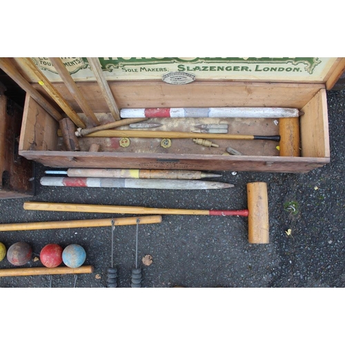 129 - A VINTAGE PINE CASED JACQUES OF LONDON PART CROQUET SET, together with a vintage Slazenger 'Thors Cr... 