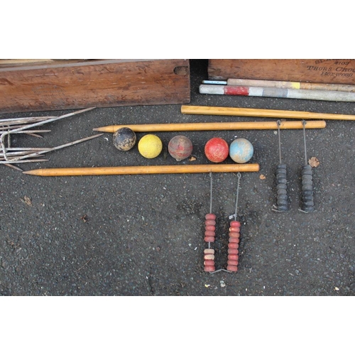 129 - A VINTAGE PINE CASED JACQUES OF LONDON PART CROQUET SET, together with a vintage Slazenger 'Thors Cr... 