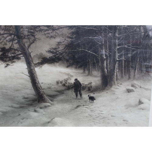 67 - JOSEPH FARQUARSON. A wooded winter landscape with shepherd, sheep and dog. Signed in pencil lower le... 