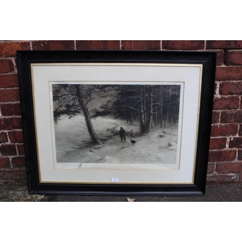 67 - JOSEPH FARQUARSON. A wooded winter landscape with shepherd, sheep and dog. Signed in pencil lower le... 