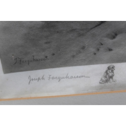 67 - JOSEPH FARQUARSON. A wooded winter landscape with shepherd, sheep and dog. Signed in pencil lower le... 