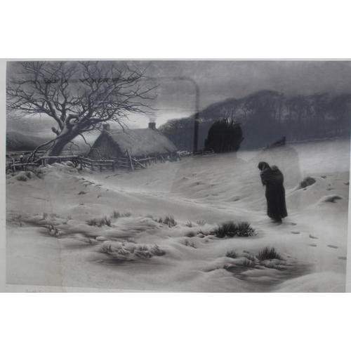 73 - JOSEPH FARQUARSON. A wooded winter landscape with figure and thatched cottage. Signed in pencil lowe... 