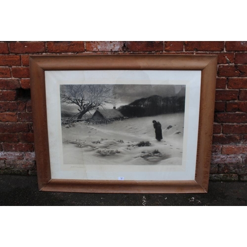 73 - JOSEPH FARQUARSON. A wooded winter landscape with figure and thatched cottage. Signed in pencil lowe... 