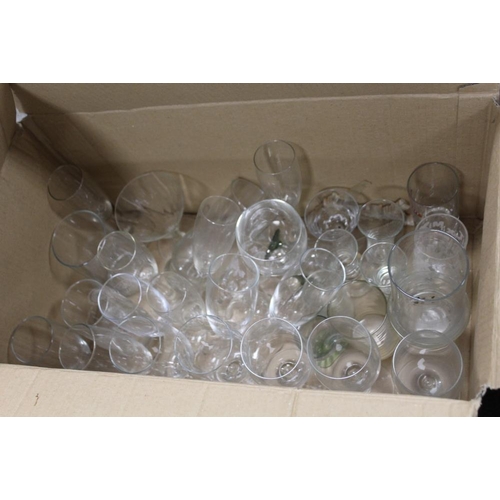 93 - A LARGE QUANTITY OF ASSORTED DRINKING GLASSES ETC., to include a pewter tolled etched glass tankard,... 