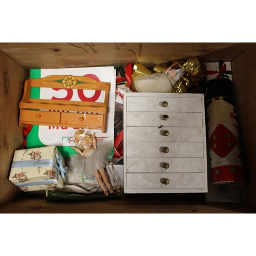 152 - AN ANTIQUE PINE LIDDED STORAGE BOX AND CONTENTS, to include an upholstered kneeling stool, wicker ba... 