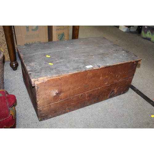 152 - AN ANTIQUE PINE LIDDED STORAGE BOX AND CONTENTS, to include an upholstered kneeling stool, wicker ba... 