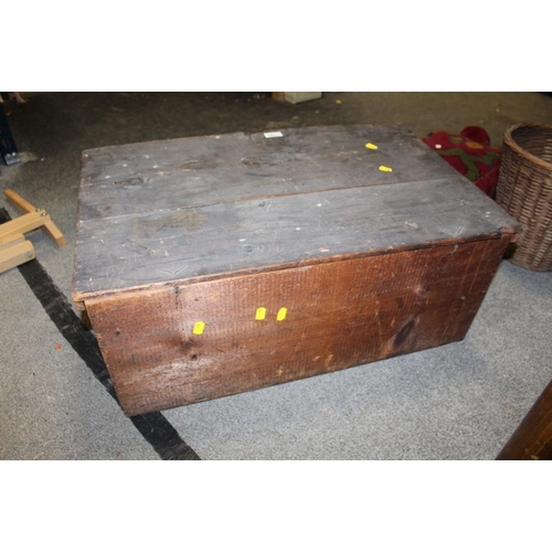 152 - AN ANTIQUE PINE LIDDED STORAGE BOX AND CONTENTS, to include an upholstered kneeling stool, wicker ba... 