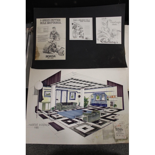 10 - A FOLIO OF ASSORTED WATERCOLOURS AND PENCIL DRAWINGS ETC. TO INCLUDE INTERIOR DESIGNS, ARCHITECTURAL... 