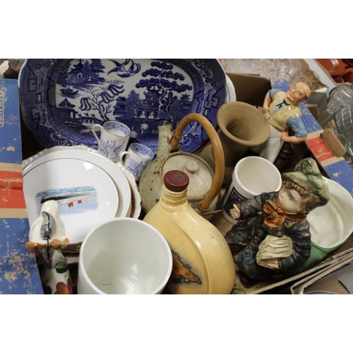 112 - A TRAY OF ASSORTED CERAMICS TO INCLUDE A BESWICK CHARACTER JUG, ROYAL TUSCAN COFFEE CANS ETC TOGETHE... 