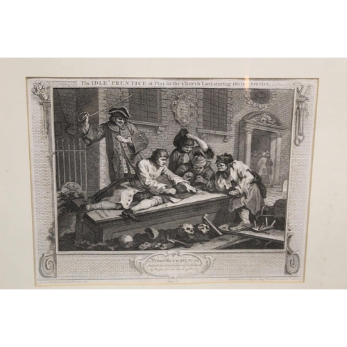 14 - A COLLECTION OF PRINTS AND ENGRAVINGS ETC. TO INCLUDE A FRAMED WALL MIRROR FLANKED BY BLACK AND WHIT... 