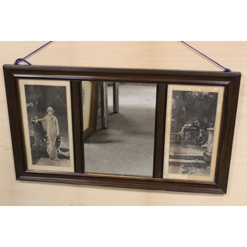 14 - A COLLECTION OF PRINTS AND ENGRAVINGS ETC. TO INCLUDE A FRAMED WALL MIRROR FLANKED BY BLACK AND WHIT... 