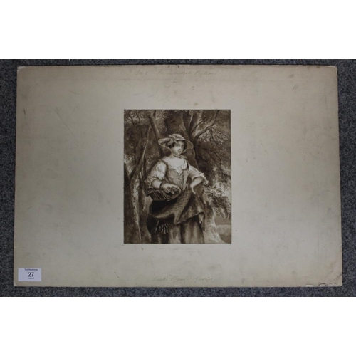 27 - (XIX). British School. A monotone study of a peasant woman carrying a basket on a wooded landscape. ... 