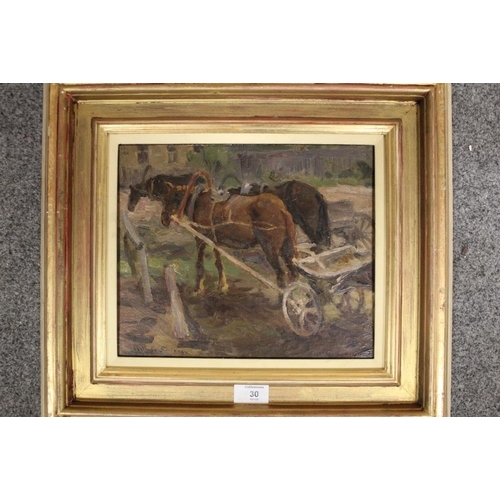 30 - (XX).  An impressionist study of working horses and carts. Signed lower left, oil on board, framed, ... 