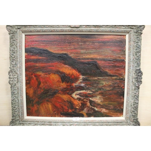 33 - (XX).  An impressionist stormy rocky coastal scene. Indistinctly signed lower left, oil on canvas, f... 