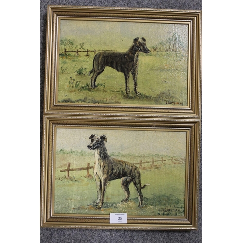 35 - A PAIR OF GILT FRAMED OIL PAINTINGS ON BOARD DEPICTING GREYHOUNDS BOTH SIGNED L BATEMAN PICTURE SIZE... 